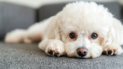 A fluffy white dog resting on a gray couch, looking curiously at the camera.