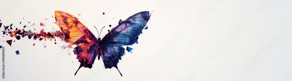 Poster A colorful butterfly dissolving into particles, symbolizing transformation and creativity.