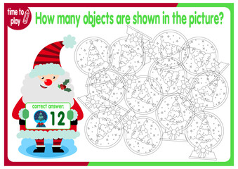 Count how many objects are hidden in the picture. Educational game for children. Colorful cartoon characters. Funny vector illustration. New Year. Christmas	
