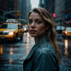 Fototapeta premium A woman stands amidst the hustle of New York City in the rain