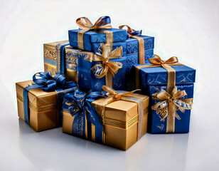 Hanukkah presents wrapped in blue, gold, with lovely bows