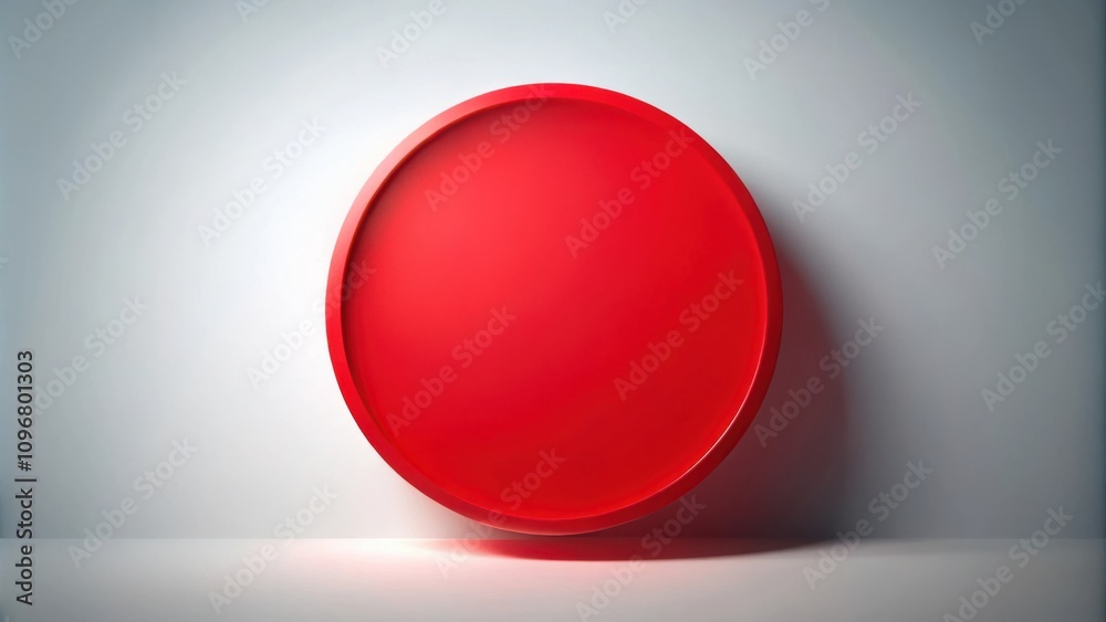 Poster A bright red circular object with a subtle rim, illuminated by a soft light from below, against a backdrop of a smooth white wall.
