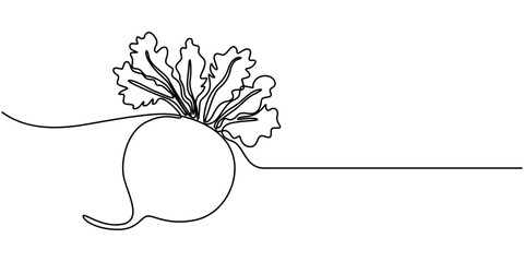 Vector continuous one single line drawing icon of beetroot with leaf in silhouette on a white background. Linear stylized. Beetroot in continuous line art drawing style. Garden beet black linear 