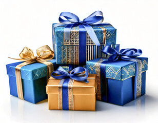 blue, silver, and gold Hanukkah gift boxes with bright bows on white