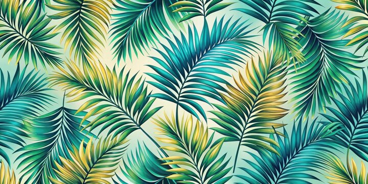 A vibrant, tropical pattern featuring lush green and yellow palm leaves against a soft, light blue background, creating a sense of tranquility and summery escapism.