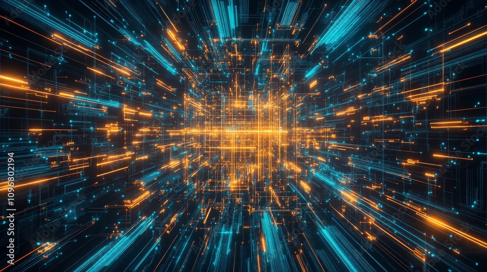 Poster dynamic abstract visualization of light beams radiating in various directions, creating a vibrant ex