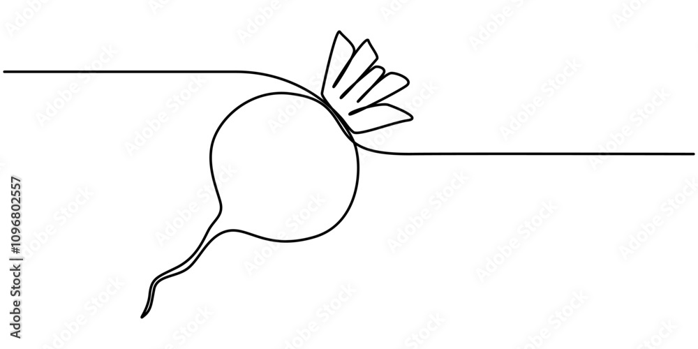 Poster Vector continuous one single line drawing icon of beetroot with leaf in silhouette on a white background. Linear stylized. Beetroot in continuous line art drawing style. Garden beet black linear 