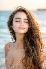 Naklejka premium The image depicts a stunningly attractive woman with flawless skin and long flowing hair, standing on a serene beach with the crystal clear waters of the sea gently lapping at her feet