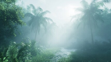 Misty tropical jungle path at sunrise.