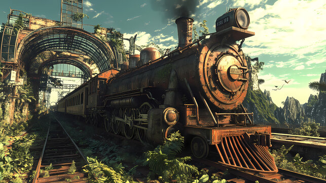 Abandoned steampunk train station overtaken by nature and machinery. Steampunk Train Station. Illustration