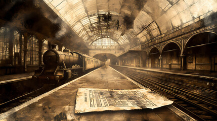 Obraz premium A torn timetable in a desolate train station, steampunk, sepia, illustration, conveying a missed schedule. Steampunk Train Station. Illustration