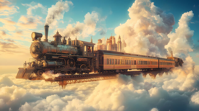 A steampunk city floating on clouds with a train attached. Steampunk Train Station. Illustration