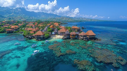Luxury resort on a tropical island with clear blue water and green hills in the background during a sunny day
