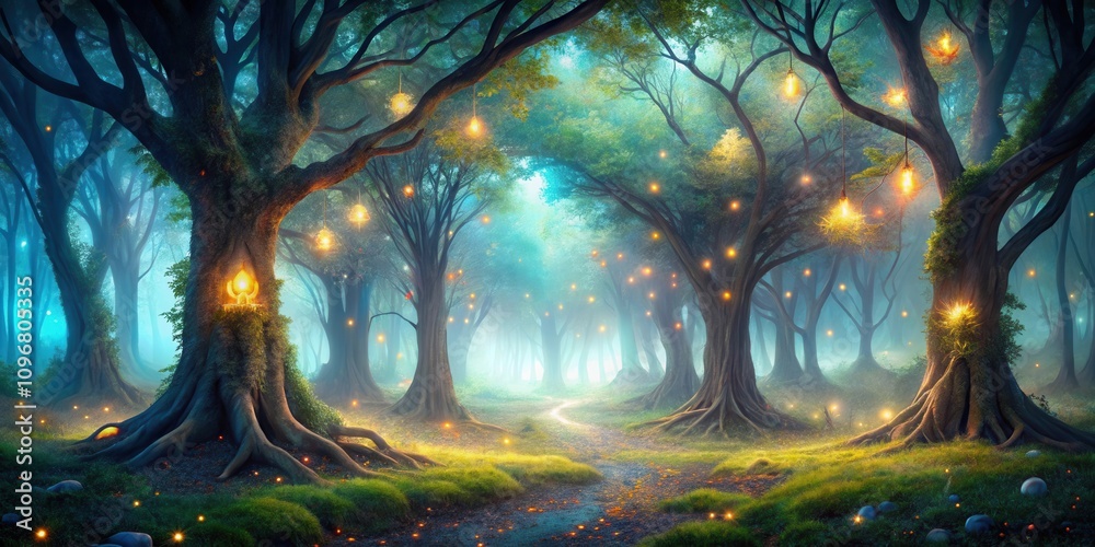 Poster a mystical forest path illuminated by glowing lanterns hanging from ancient trees