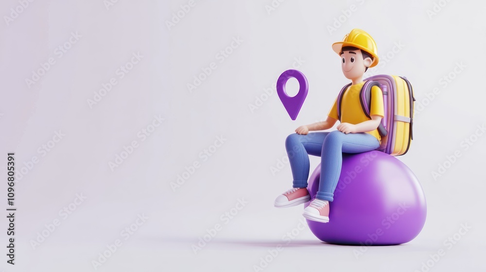 Poster a 3d character with a backpack sits on a purple sphere, indicating a location.