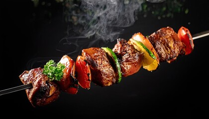 Shashlyk on a skewer on a black background
