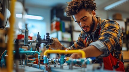 Young apprentice plumber diligently soldering pipes in a colorful workshop showcasing essential skills for mechanical and plumbing trades