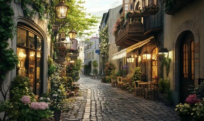 Fototapeta premium Cobblestone street, flower-lined, charming shops, warm light.