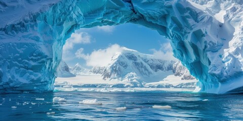 Iceberg Archway Framing Antarctic Mountains