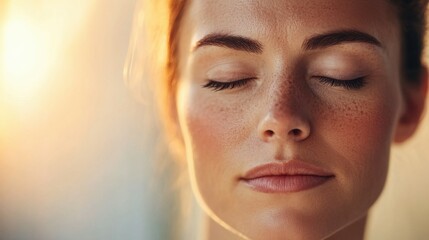 close up focusing on a womans eyes and forehead meditating, half image is dark and somber 