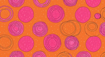 Fototapeta premium Pink Circle pattern hand drawn design on Orange background illustration