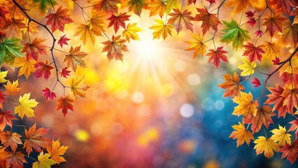 A vibrant autumnal backdrop featuring a frame of colorful maple leaves, dappled sunlight, and a soft bokeh background.