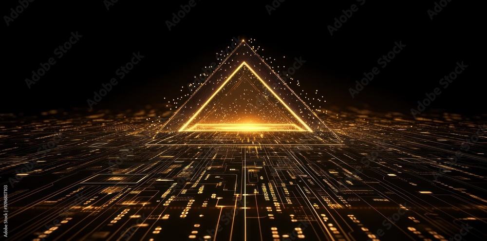 Aufkleber A glowing triangular shape surrounded by digital lines and particles in a dark background.