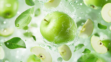 Green Apples in Water Splash. Fresh Fruit Concept.