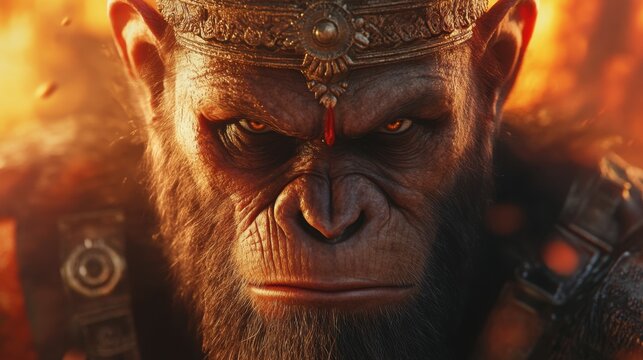  ancient Indian monkey king looking curious. Make his look powerful and strong