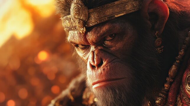  ancient Indian monkey king looking curious. Make his look powerful and strong
