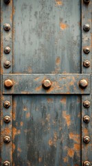 Fototapeta premium Close-up of an aged metal door with a weathered, rusty surface and bold rivets, showcasing textures of decay.