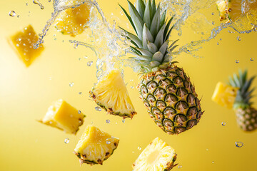 Pineapple slices in water splash. Fresh tropical fruit concept.