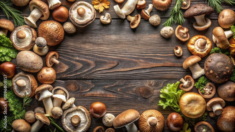 Poster a rustic wooden table, adorned with a vibrant collection of wild mushrooms, creating a visual feast 