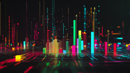 Obraz premium Abstract black background with Colorful charts and graphs with statistics to innovative analyze business potential and forecast future development of companies growth.