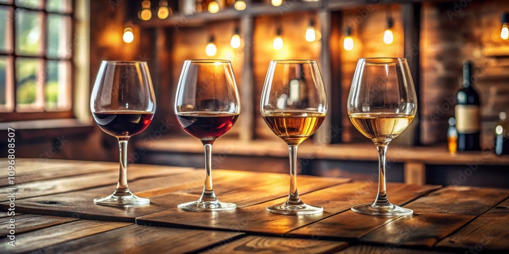 Poster a rustic bar setting with three glasses of wine, featuring a deep red wine, a rich red wine, and a p