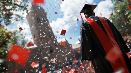 A man in a graduation gown stands in front of a building with red