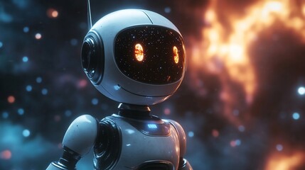 Futuristic robot in space, glowing eyes.