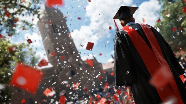 A man in a graduation gown stands in front of a building with red