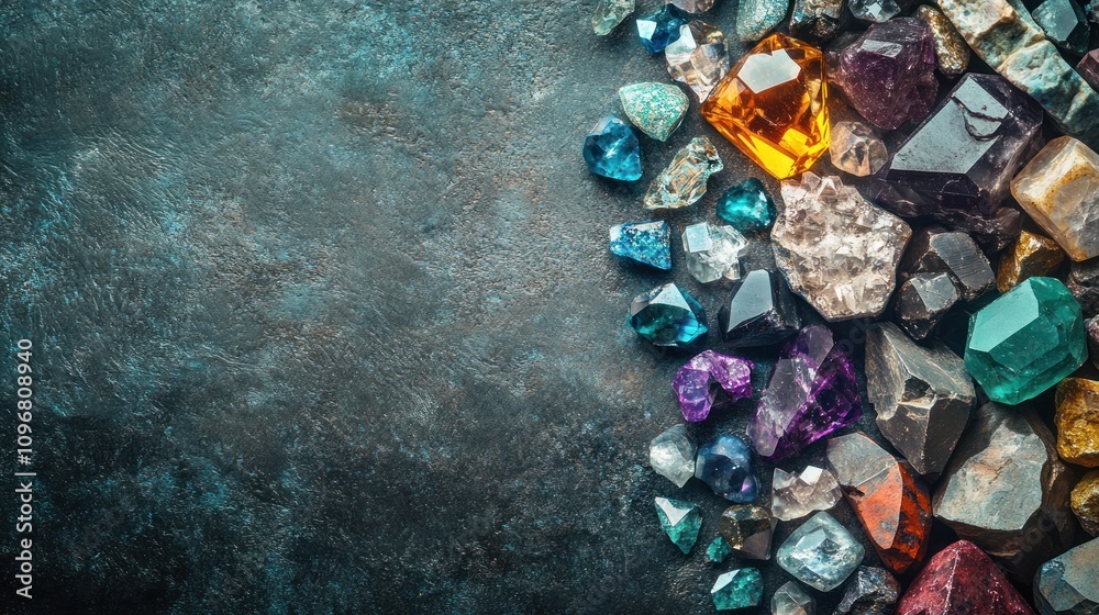 Poster a vibrant assortment of colorful gemstones and crystals displayed on a textured surface.