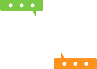 Two speech bubbles, one green with three white dots and tail pointing down, one orange with three white dots and tail pointing up.
