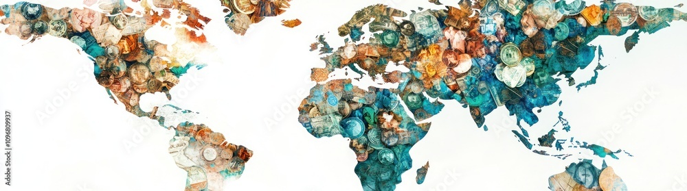 Poster a colorful world map created from various textures and patterns, symbolizing diversity.