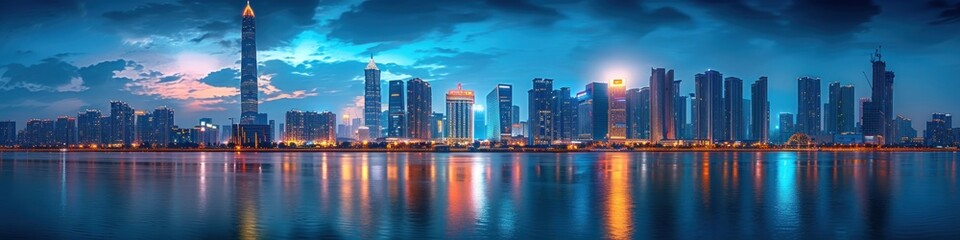 Obraz premium City Skyline at Dusk with Reflections in Water