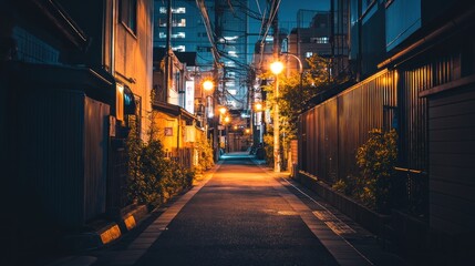 Obraz premium A quiet, illuminated alley at night with warm streetlights and lush greenery.