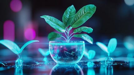 A virtual marketplace hologram that highlights eco-friendly brands and their contributions to sustainability.