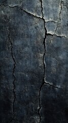 Close-up of a weathered, cracked stone wall with dark textures and deep crevices.