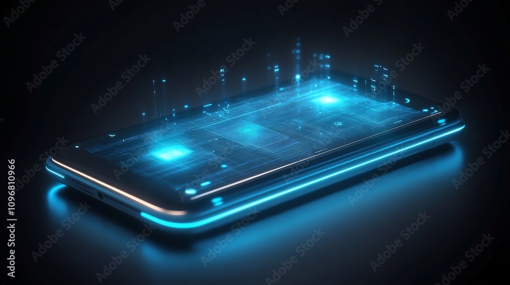 Poster futuristic smartphone with glowing digital data streams.
