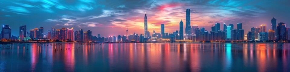 Obraz premium Vibrant Cityscape with Illuminated Skyscrapers at Sunset