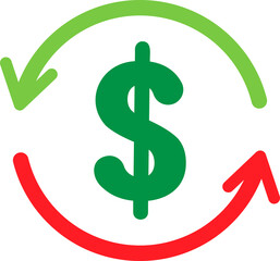 Green dollar sign ($) in the center, surrounded by two arrows forming a circular shape, indicating the cyclical nature of money movement.
