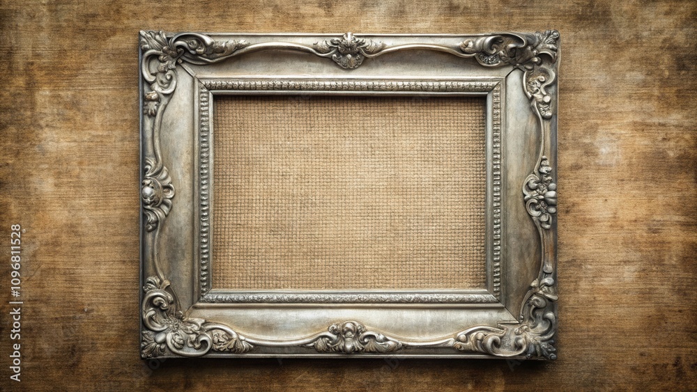 Poster an ornate silver frame with a canvas texture, set against a backdrop of weathered wood.