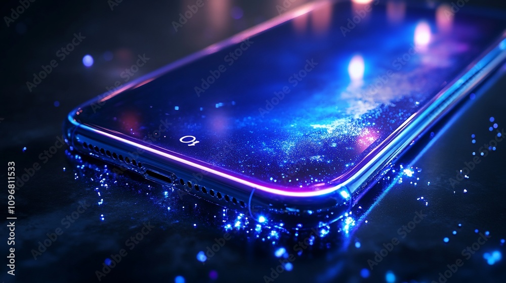 Poster futuristic smartphone with glowing edges on dark surface.